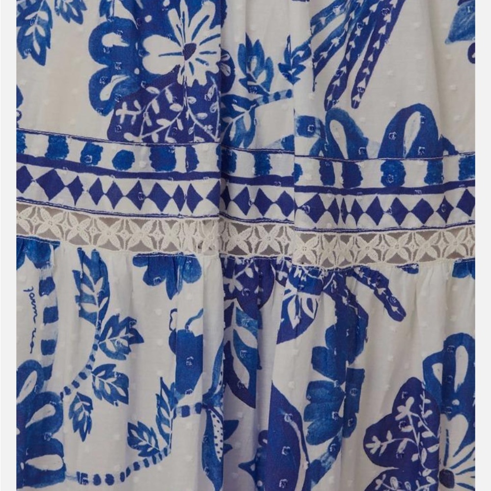 NWOT FARM RIO Off-White Blue Flowerful Birds Maxi Dress SZ LARGE L